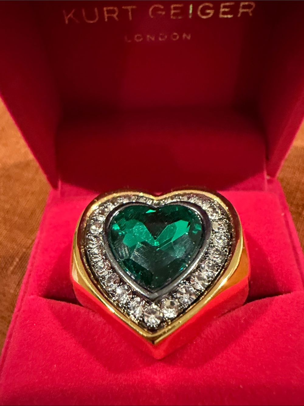 Kurt Geiger Gold Heart Ring with Emerald Green Heart Crystal and Clear Stones